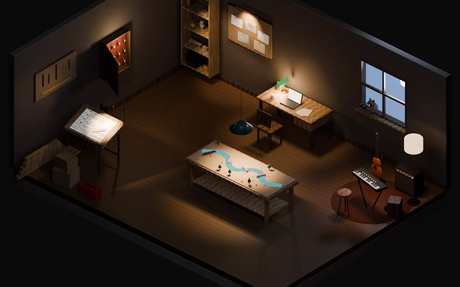 A cutaway drawing of a small workshop at night: a desk with a laptop under a green lamp, a cork board of drawings, a shelf of small models, a key cabinet, a drafting table, a long table with a river channel in sand, and a band corner with a guitar, keyboard and amp. A raccoon sits on the window sill.